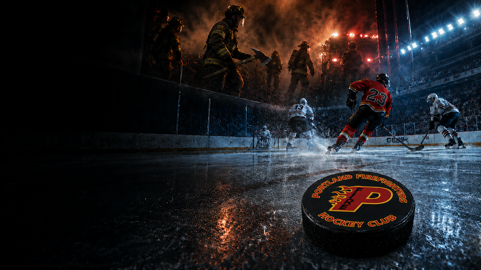 Firefighters and hockey players pictured together in a dramatic arena scene